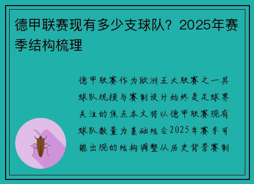 德甲联赛现有多少支球队？2025年赛季结构梳理