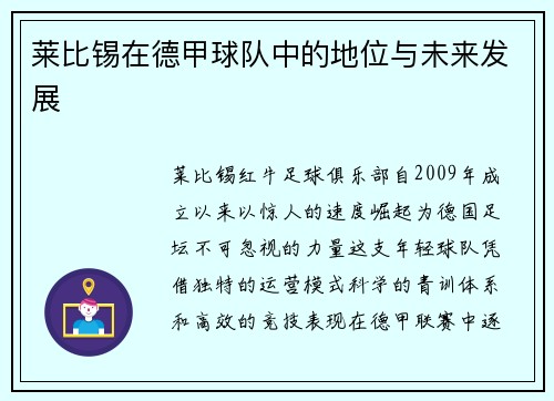 莱比锡在德甲球队中的地位与未来发展